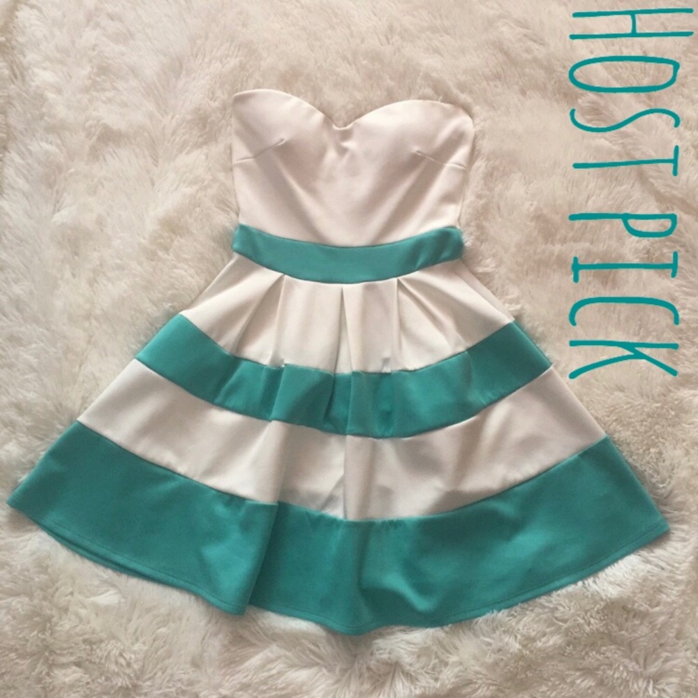 Windsor Strapless White Turquoise Striped Dress